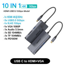 (10 w 1 (HDMI VGA) Stacja dokująca USB typu C do HDMI HUB DP 4K 60Hz RJ45 VGA PD100W zgodna z adapterem