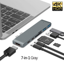 (2T 7 w 1 Szary) Koncentrator USB 3.1 typu C do adaptera HDMI 4K Thunderbolt 3 Koncentrator USB C Gniazdo