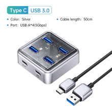 (USB A 50 CM) Przezroczysty hub USB C z 4 portami rozszerzającymi i interfejsem zasilania. Protokół