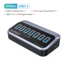 (7 portów USB 3.2 1M) Aluminiowy koncentrator USB 3.0 zasilany 7/10 portów, przedłużacz USB z przełącznikami,