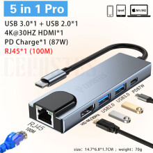 (5 w 1 Pro) CERASTES NOWY HUB USB C typu C do Multi 4KHD RJ45 VGA 4 USB 3.0 PD Zasilacz dokujący