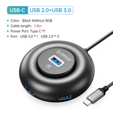 (YX1-C2-18-BK) Rozdzielacz USB RGB 4 porty 3.0 Multi USB z ładowaniem typu C, ultrasmukły adapter OTG