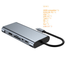 (szary 11 w 1) Koncentrator USB C do złącza RJ45 4K HDMI, zgodny z typem C, VGA, SD, TF, USB 3.0, PD,