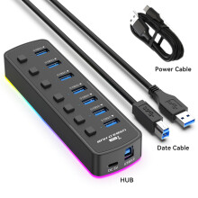 (czarny) 7-portowy koncentrator USB 3.0 5 Gb/s, adapter rozdzielający USB o dużej prędkości, kompatybilny