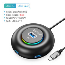 (YXR2-C3-03-BK) Rozdzielacz USB RGB 4 porty 3.0 Multi USB z ładowaniem typu C, ultrasmukły adapter OTG