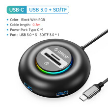 (YXR5-C3-03-BK) Rozdzielacz USB RGB 4 porty 3.0 Multi USB z ładowaniem typu C, ultrasmukły adapter OTG