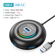 (YXR2-U3-18-BK) Rozdzielacz USB RGB 4 porty 3.0 Multi USB z ładowaniem typu C, ultrasmukły adapter OTG
