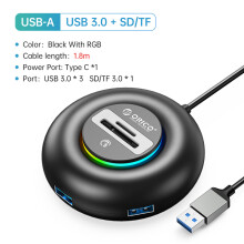 (YXR5-U3-18-BK) Rozdzielacz USB RGB 4 porty 3.0 Multi USB z ładowaniem typu C, ultrasmukły adapter OTG