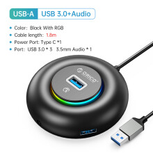 (YXR4-U3-18-BK) Rozdzielacz USB RGB 4 porty 3.0 Multi USB z ładowaniem typu C, ultrasmukły adapter OTG