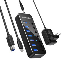 (7 portów z wtyczką EU) Hub USB 3.0 aluminiowy przemysłowy rozdzielacz z zasilaczem 5 V 2 A, kompatybilny