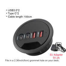(336EU)HUB USB do montażu w biurku HUB USB 3.0 HUB z zasilaczem, kompatybilny z dwoma portami typu C