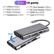 (S101 10 w 1) RJ45 100M/1000Mb/s Ethernet do USB C Stacja dokująca HUB USB typu C do HDMI 4K