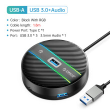 (YSR4-U3-18-BK)4 portar USB 3.0 HUB Rund USB C splitter med typ C laddningsström SD TF-portar kompatibla