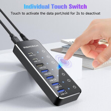 (EU-kontaktadapter) 7-portsdriven USB C-hubb med 10 Gbps USB-C 3.2-portar Individuella pekbrytare 5V/3A