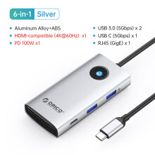 (Srebrna stacja dokująca 6w1 60HzRJ45) Typ C HUB do adaptera USB 3.0 zgodnego z 4K HDMI RJ45 PD100W