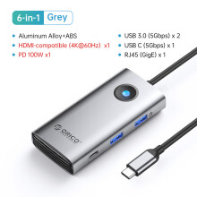 (Grå 6in1 60Hz RJ45) Dockningsstation Typ C HUB till 4K HDMI-kompatibel USB 3.0 Adapter RJ45 PD100W