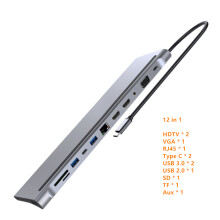 (grå 12 i 1)USB C Hub till RJ45 4K HDMI-kompatibel typ C VGA SD TF USB 3.0 PD Dockningskompatibel MacBook