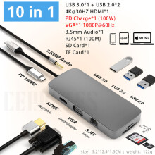(10 I 1)CERASTES NYA USB C HUB Typ C till Multi 4KHD RJ45 VGA 4 USB 3.0 PD Power Adapter Dockningsstation
