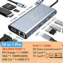 (10 IN 1 Pro) CERASTES NYA USB C HUB Typ C till Multi 4KHD RJ45 VGA 4 USB 3.0 PD strömadapter Dockning