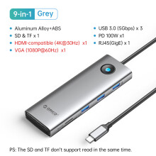 (Grå 9in1 30Hz VGA) Dockningsstation Typ C HUB till 4K HDMI-kompatibel USB 3.0 Adapter RJ45 PD100W Laddning