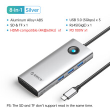 (Silver 8in1 60Hz SD) Dockningsstation Typ C HUB till 4K HDMI-kompatibel USB 3.0 Adapter RJ45 PD100W