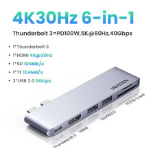 (4K30Hz 6-i-1 HUB)USB-C HUB 6-i-2 Typ-C till 4K HDMI Thunderbolt 3 USB3.0 SD&TF Adapter kompatibel
