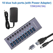 (10-portars EU-kontakt) USB 3.0-hub i aluminium med laddningsfunktion, 36W/72W nätadapter, individuell