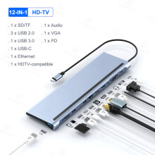 (12 i 1-B)USB C HUB Typ C Splitter Thunderbolt 3 Dockningsstation Laptop Adapter Med kompatibel Macbook