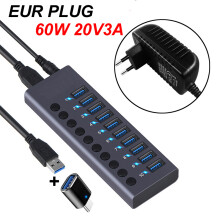 (EUR Plug) 10 portar USB 3.0 HUB Laddning 5 Gbps dataöverföring Extern splitter dockningsstation Ström