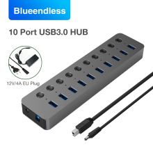 (HU101 EU PLUG)Blueendless USB Hub 3.0 7 portar 10 portar Aluminiumlegering Shell Splitter Split Switch