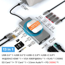 (13 IN 1)USB Type-C Hub med HDMI - Viktiga PC-tillbehör Dockningsstation kompatibel med MacBook