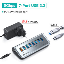 (5Gbps 0,5M EU-kontakt)HUB Snabbladdning 60W USB 3.2 Dockstation Höghastighets 7-portars multifunktions