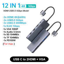 (12 in 1F(2HDMI Audio)USB Type-C till HDMI HUB Dockningsstation DP 4K 60Hz RJ45 VGA PD100W Adapterkompatibel