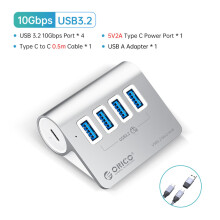 (4-portars USB 10Gbps)10GbpsHUB Aluminium SuperSpeed Powered PD60W Laddare Typ C splitter med nätadapter