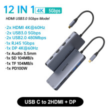 (12 i 1C(2HDMI DP)USB Type-C till HDMI HUB Dockningsstation DP 4K 60Hz RJ45 VGA PD100W Adapterkompatibel