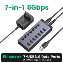 (7 I 1 USB3.0 HUB)USB C Hub 5Gbps 7 portar USB3.0 splitter med individuell AV/PÅ-brytare LED-indikator