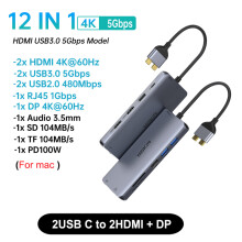 (12 i 1E(2HDMI DP)USB Type-C till HDMI HUB Dockningsstation DP 4K 60Hz RJ45 VGA PD100W Adapterkompatibel
