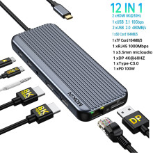 (12 IN 1)8K dockningsstation Trippelskärm HDMI,DP,USB C/A 3.1,RJ45,SD/TF,Audio,PD 100W Adapterkompatibel