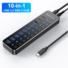 (EU-kontaktadapter)USB C Hub 10Gbps Laptop USB Hub Individuella pekbrytare 10-IN-1 aluminium multiport
