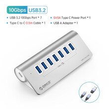 (7 Port USB 3.2 0.5M)10GbpsHUB Aluminium SuperSpeed Powered PD60W Laddare Typ C Splitter med ström