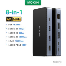 (8-i-1(2DP))USB C Hub Usb Typ C Dockningsstation för bärbar dator Flerportsadapter HDMI RJ45 PD3.0 USB-A