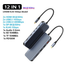 (12 i 1(2HDMI 8K)USB C HUB 4K 60Hz Typ C till HDMI DP VGA Gigabit Ethernet USB 3.1 PD 100W Adapter kompatibel