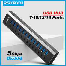 (13 portar EU-kontakt) Driv USB Hub Aluminium USB 3.0 Data Hub Expander med individuella på/av-brytare