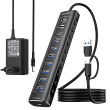 (USB AC-kabel EU-kontakt)60W USB Hub 11 Portar Typ C Hubs med 10Gbps USB Data Port PD 20W Aluminium
