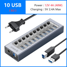 (10 USB- och EU-kontakt) Driv USB Hub Splitter Socket med Multi USB 3.0 Port Slot Plug On-Off nyckelbrytare