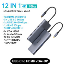 (12 i 1A(HDMI DP VGA)USB Type-C till HDMI HUB Dockningsstation DP 4K 60Hz RJ45 VGA PD100W Adapterkompatibel