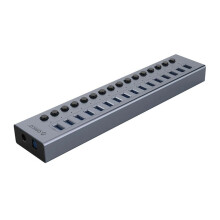 (Aluminium 16-portars KR) Drivd USB Hub Splitter Socket med Multi USB 3.0 Port Slot Plug On-Off nyckelbrytare