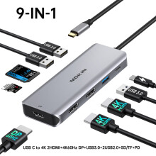 (9 in1(2HDMI 3USB)USB C dockningsstation för dubbla skärmar till dubbel HDMI-adapter med 4K@60hz, SD/TF,