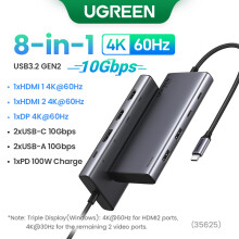 (2HDMI 8-i-1 10 Gbps)Dubbel HDMI USB-C HUB 8K 4K HDMI-adapter 10 i 1 splitter med RJ45 USB3.0 PD 100W