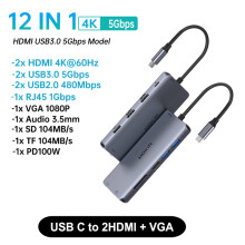 (12 i 1D(2HDMI VGA)USB Type-C till HDMI HUB Dockningsstation DP 4K 60Hz RJ45 VGA PD100W Adapterkompatibel